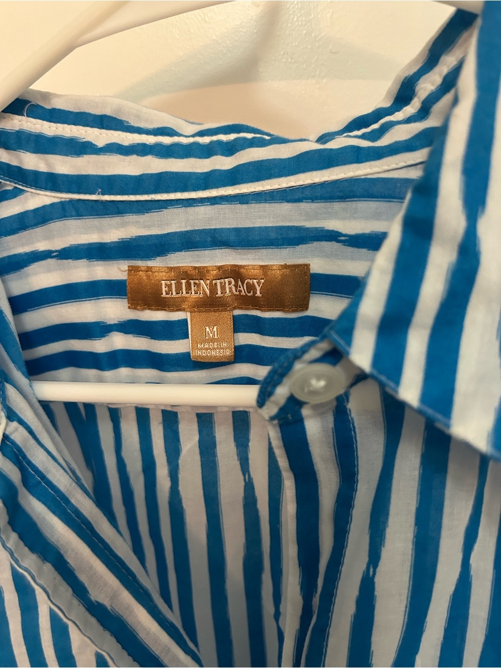 Ellen Tracy Blue and White Vertical Stripe Button-Down Shirt - Picture 2 of 6